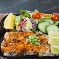 Salmon Specialty Plate · Includes rice, green onions, and salad.
