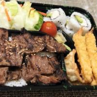 Chicken & Beef Bento Special · With rice, shrimp tempura (2pcs), gyoza (fried dumplings), california roll (4 pcs) miso soup...