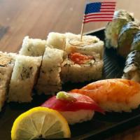 Maki Lunch · Half California roll, half spicy tuna roll, salmon roll, tuna and shrimp sushi.