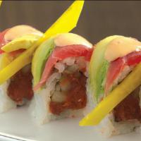 Rose Roll · In - spicy tuna, cucumber, out - tuna, avocado with spicy mayo sauce.