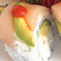 House Roll · In: imitation crab, avocado and cucumber. Out: albacore, avocado with ponzu and hot sauce.