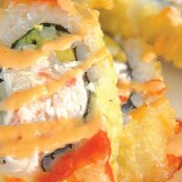 Tempura California Roll · In: imitation crab, avocado and cucumber. Out: deep fried, sesame seed with spicy mayo hot s...