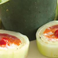 Protein Roll (No Rice) · In: tuna, salmon, yellowtail, imitation crab, avocado and gobo. Out: cucumber wrapped with m...