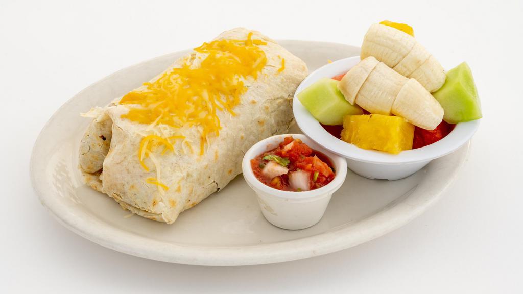 The Big Breakfast Burrito · Scrambled eggs, avocado, home fries, cheese and your choice of bacon, ham, sausage, or chorizo, all wrapped in flour tortilla and served with a side of fresh fruit.