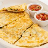 Breakfast Quesadilla · Egg whites, avocado, spinach, tomato, mushroom, onion, bell pepper, and cheese, served with ...