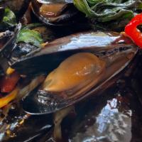 Thai Basil Ginger Blue Mussels · Blue mussels sautéed with Thai basil, green bell pepper, red bell pepper and white onion in ...