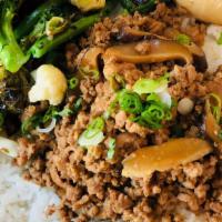 Shiitake Mushroom Minced Pork Over Rice · Taiwan style slow-cooked minced pork in 5 Spice soy sauce, shiitake mushroom, scallion. Stew...