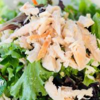 Rotisserie Chicken Salad · Gluten Free. Rotisserie chicken breasts, baby greens, cabbage, cucumber, almond, scallion, s...