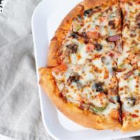 Veggie Pizzas · Green peppers, mushrooms, black olives, onions and tomatoes.