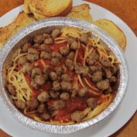 Spaghetti With Italian Sausage · With Italian sausage, marinara sauce and garlic bread.