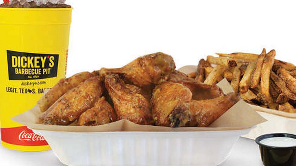 10 Pc Wing Combo · Choice of crisp boneless wings, classic (bone-in), or a combination of boneless and bone-in wings with up to 2 flavors, 1 dip and hand cut fries or veggie sticks