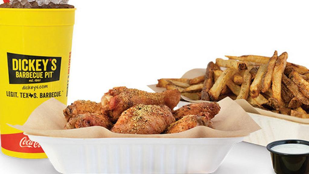 6 Piece Wing Combo · Choice of crisp boneless wings, classic (bone-in), or a combination of boneless and bone-in wings with up to 2 flavors, 1 dip and hand cut fries or veggie sticks.