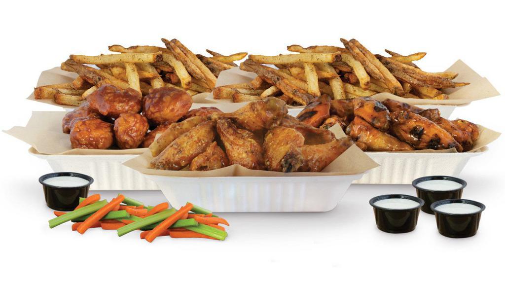 100Pc Pack · Choice of 100 crisp boneless wings, classic (bone-in), or a combination of boneless and bone-in wings with up to 6 flavors, 8 dips, 4 large hand cut fries, 4 veggie sticks. (Feeds 13+)