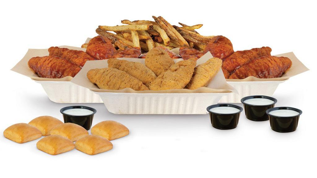 24 Pieces Crispy Tender Pack · 24 crispy tenders with 4 flavors, 4 dips, 2 large fries, and 6 rolls. Feeds 6-8.