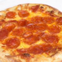 Pepperoni Pizza · Nitrate free pepperoni, mozzarella, organic tomato sauce.