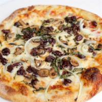 Mediterranean Veggie Pizza · Mushrooms, onions, olives, garlic, oregano, fresh basil, mozzarella, organic tomato sauce.