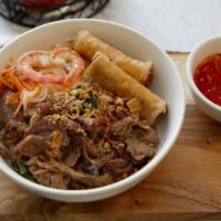 Bún Chả Giò Tôm Thịt Nướng · BBQ pork, grilled shrimp, lettuce and mints, small vermicelli.
