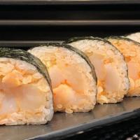 Spicy Scallop Roll · Spicy scallop and cucumber. (5 piece for cut roll)