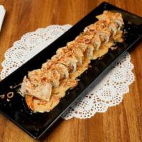 Hollywood Roll · Shrimp tempura and spicy tuna inside, seared Cajun albacore on top with special sauce, chili...