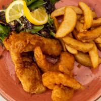 Fish & Chips · beer battered cod and shrimp, fries, salad.