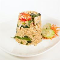 Basil Fried Rice · Medium spicy. Stir-fried jasmine rice with onion, carrots, and sweet peppers in garlic basil...