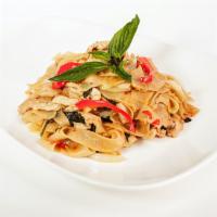 Pad Kee Mao (Drunken Noodles) · Medium spicy. Stir-fried flat rice noodles with onions, bell peppers, a mix of vegetables, a...