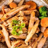 Teriyaki Chicken Bowl · Steamed white rice topped with grilled teriyaki chicken, broccoli and carrots with teriyaki ...