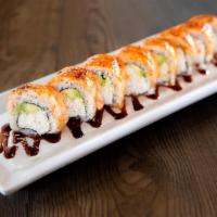 Baked Salmon Roll · In: Imitation Crab, Avocado. Out: Baked Salmon, Spicy Mayo, Eel Sauce
