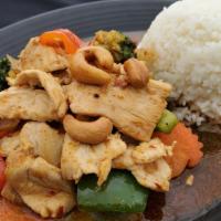 Chicken Cashew Nut On Rice · Hot. Fried chicken in hot chill paste With onion, chillies, cashew nuts over fried rice.
