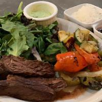 Parrillada Especial · grilled juicy carne asada served with grilled zucchini, grilled bell pepper and roasted mush...