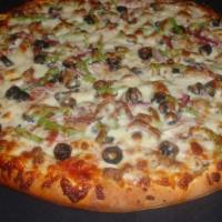 Supreme Pizza · Mushrooms, olives, green peppers, onions, extra cheese, Canadian bacon, pepperoni and sausage.