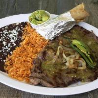 Carne Asada Plate · Half pound of flap steak, chimichurri sauce, grilled onions, served with a side of chips, gu...