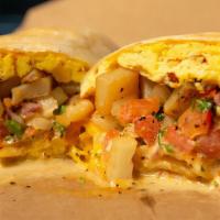 Breakfast Burritos · Potato, scrambled egg, pico de gallo, sriracha aioli, flour tortilla, tortilla chips, and ho...