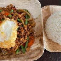 Hot Basil (Pad Gaprow) · Stirfry ground chicken with garlic, bell peppers, onions, carrots, green beans, and Thai bas...