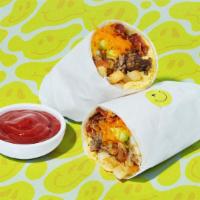 The Upbeat & Ultimate Breakfast Burrito · Two scrambled eggs, bacon, ground beef, french fries, avocado, caramelized onions, and melte...