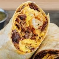 No Bad Vibes Bacon Breakfast Burrito · Two scrambled eggs, crispy bacon, french fries, and melted cheese wrapped in a fresh flour t...