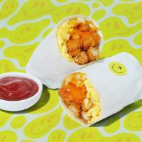No Frowning Fried Chicken Breakfast Burrito · Two scrambled eggs, fried chicken, french fries, and melted cheese wrapped in a fresh flour ...