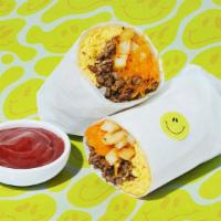Best. Day. Ever. Beef Breakfast Burrito · Two scrambled eggs, ground beef, french fries, and melted cheese wrapped in a fresh flour to...