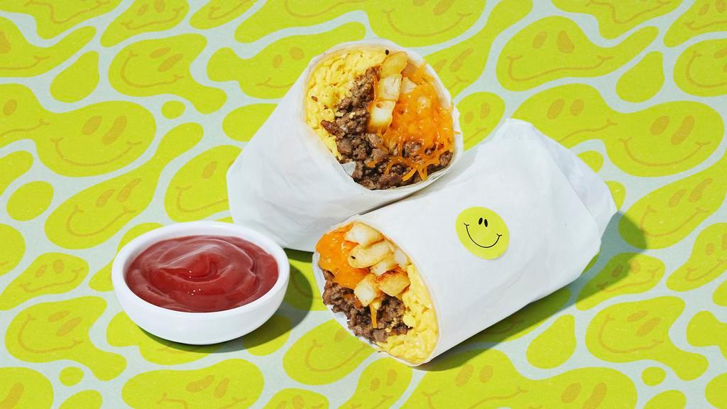 Best. Day. Ever. Beef Breakfast Burrito · Two scrambled eggs, ground beef, french fries, and melted cheese wrapped in a fresh flour tortilla.
