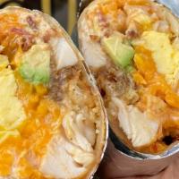 Birdies Breakfast Burrito With Eggs And Bacon (Available Until 2Pm) · Scrambled egg with applewood smoked bacon, avocado, caramelized onion, cheddar, and tater tots