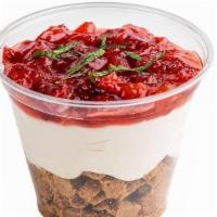 Strawberry Cheesecake Parfait · strawberry compote, cheesecake filling, graham cracker crumbles, fresh mint