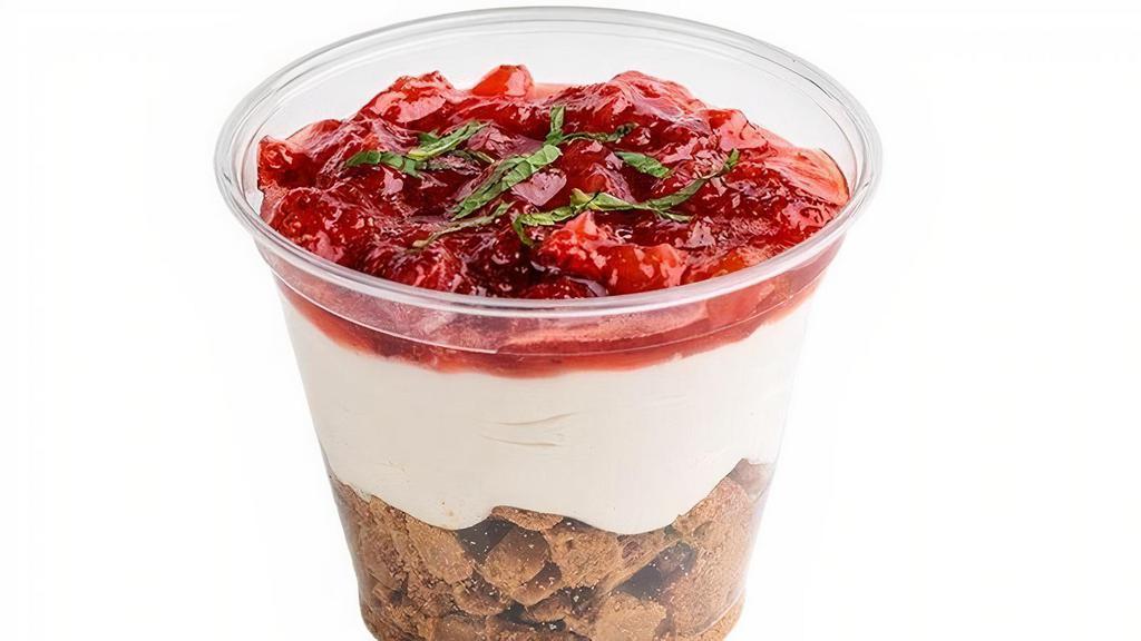 Strawberry Cheesecake Parfait · strawberry compote, cheesecake filling, graham cracker crumbles, fresh mint