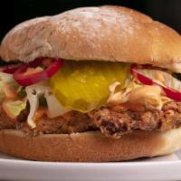 Fried Chicken · Buttermilk fried chicken breast in a potato bun with fresno chili, lettuce, spicy mayo & bre...