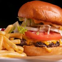 Burger · Ground Angus patty, American cheese, lettuce, tomato, onion, and 