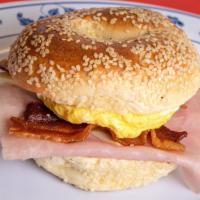 Ham, Bacon, Egg & Cheese Bagel · Ham, bacon, egg and cheese. Choice of plain bagel, onion bagel, sesame bagel or everything b...