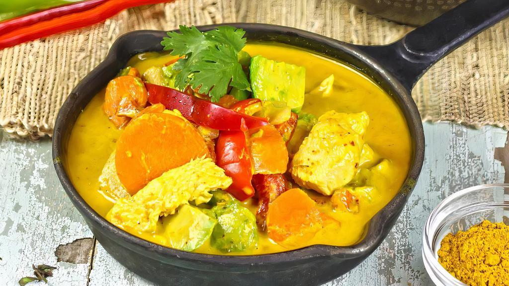 Yellow Curry · Coconut milk yellow curry with potatoes and carrot. Our most popular curry. Comes with White rice, or upgrade to Garlic rice, Brown rice, or Brown Garlic rice.