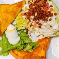 Blt Wedge Salad · Crispy iceberg lettuce wedge with diced bacon, and tomatoes. Hard-boiled egg drizzled with b...
