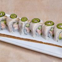 Seared Yellowtail Jalapeno Roll · California roll (crab mix, avocado, cucumber) topped with fresh  yellowtail, thinly sliced j...