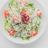 Mediterranean Salad. · Field greens, feta, kalamata olive, marinated tomato, cucumber, red onion & balsamic vinaigr...