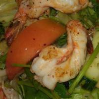 Shrimp Salad · Spicy. Lettuce, tomatoes, cucumbers, onions, cilantro and chili lime sauce.